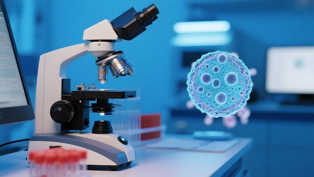 Microscope in a laboratory with a digital representation of a virus structure