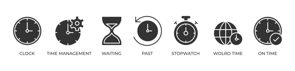 Obraz premium Mastering Time Icons set vector illustration glyph with Clock, Time management, Waiting, Past, Stopwatch, Wolrd time, On time