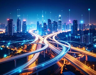 Futuristic city highway network at night