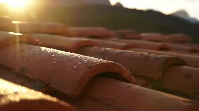 Dew-kissed terracotta roof tiles at sunrise