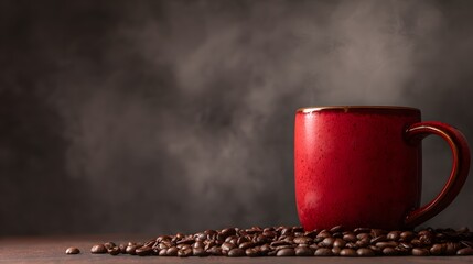 Steaming red mug of coffee surrounded by coffee beans.