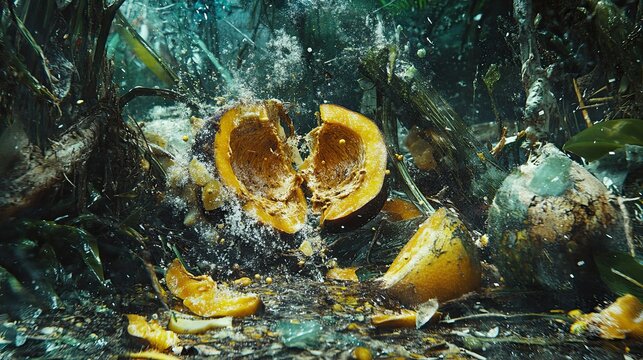 Shattered pumpkin amidst decaying vegetation.
