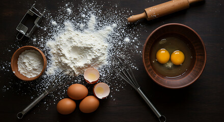 Baking ingredients and kitchen utensils on a dark wooden background. Flour, eggs, and a rolling pin for homemade pastry preparation.