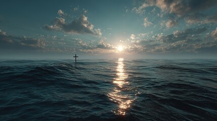 Christian Cross Arising in the Middle of a Calm Ocean, Symbolizing Patience, Peace, and Faith