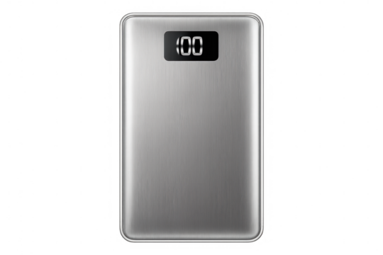 Power bank fully charged, gleaming with energy, resting on transparent surface and ready for powering multiple electronic devices