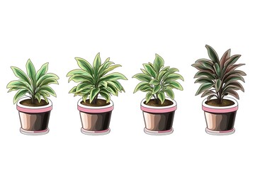 Fototapeta premium Hand-Drawn Potted Green Plants Illustration in White Ceramic Pots on White Background