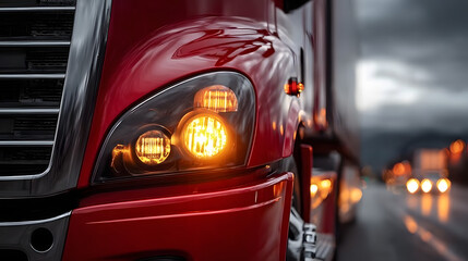 Fototapeta premium A red semi truck with its headlights on. The headlights are yellow and the truck is on a road