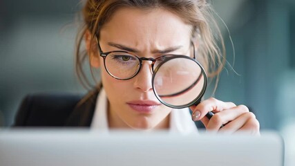 Focused Woman Analyzing Data with Magnifying Glass - Powered by Adobe