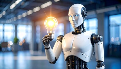 a Humanoid robot holding glowing light bulb symbolizing innovation