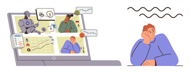 Laptop screen displays robot and human interaction, charts, and progress analysis. Person looking stressed beside abstract waves. Ideal for technology, AI, stress, work-life balance, data