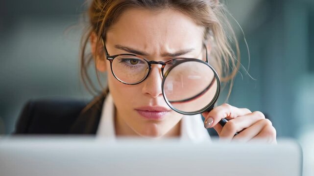 Focused Woman Analyzing Data with Magnifying Glass - Powered by Adobe