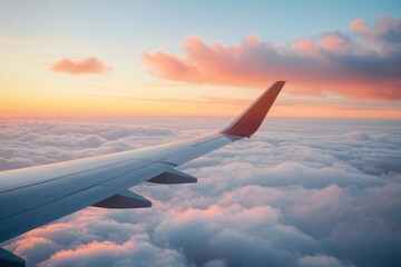 Fototapeta premium Breathtaking Airplane Wing View Above the Clouds at Sunset Offering a Sense of Freedom