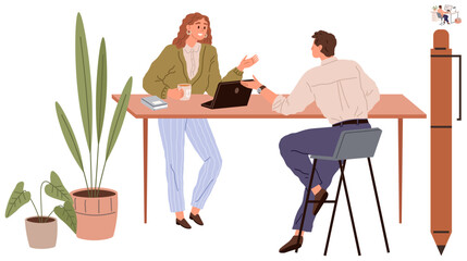 Two professionals share ideas over coffee at a desk with a laptop, tall plant, notebook, and pen. Ideal for collaboration, teamwork, creativity, communication, office productivity brainstorming