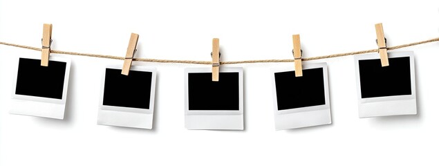 Empty instant photos hanging on a clothesline