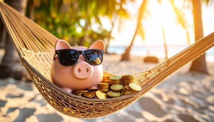 a Playful piggy bank in sunglasses relaxing in a hammock among golden coins
