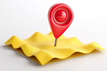 A vibrant red map marker pin on a textured yellow map