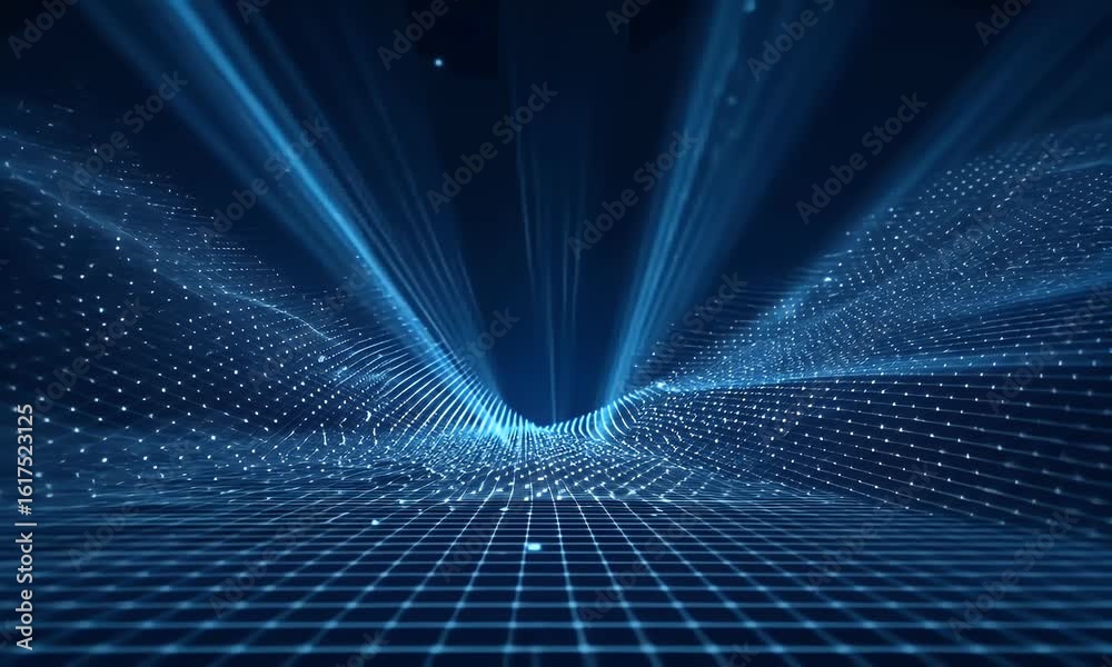Wall mural abstract blue digital grid background with glowing light rays and mesh. digital technology concept f