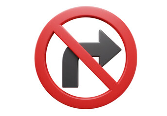 No right turn symbol with red circle and line isolated on transparent background