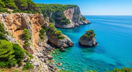 Stunning coastal cliffs and turquoise waters of a Mediterranean island, showcasing dramatic rock formations and lush greenery.