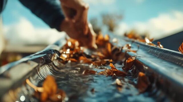 Cleaning Autumn Gutter Leaves.
