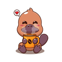 Cute platypus with hot coffee cartoon vector illustration