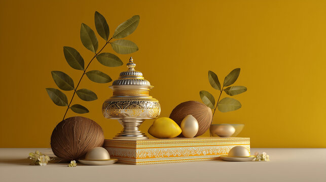 Jyeshtha Gauri Puja Altar, silver kalash, coconuts, mango leaves