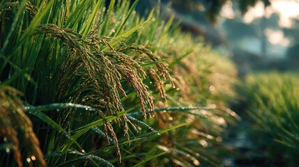Close-Up of Paddy in Rice Fields on a Morning