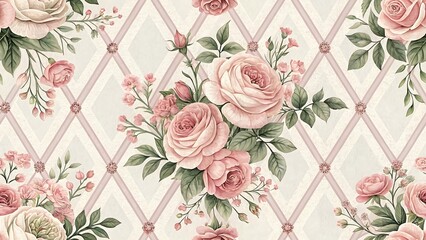 Vintage floral wallpaper with pink roses and a diamond pattern in a romantic shabby chic style