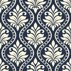 Elegant damask pattern with creamy white floral motifs on a deep navy blue background