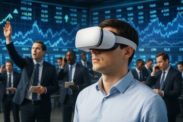 Businessman wearing VR headset in stock market environment with financial data on digital screens in background, blending finance and innovation. Ai generative