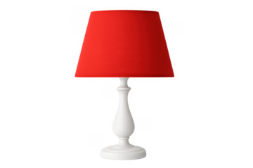 Modern white table lamp with red lampshade isolated on transparent background, perfect for interior design projects