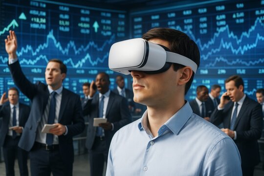 Businessman wearing VR headset in stock market environment with financial data on digital screens in background, blending finance and innovation. Ai generative