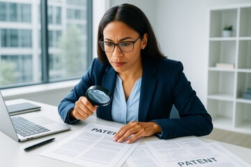 Professional woman examining patent documents with magnifying glass in office environment, focused expression, light background, legal concept. Ai generative