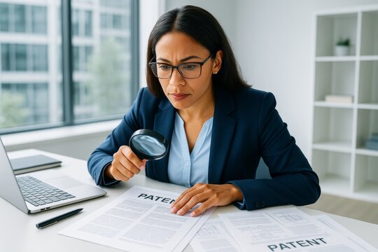 Professional woman examining patent documents with magnifying glass in office environment, focused expression, light background, legal concept. Ai generative - Powered by Adobe