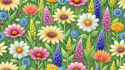 Vibrant watercolor painting of a dense meadow filled with colorful wildflowers and green grass