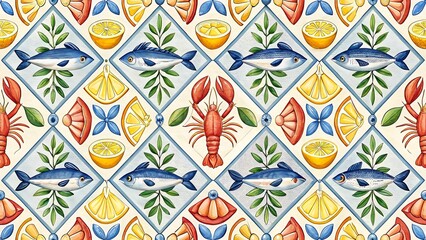 Seamless watercolor pattern featuring nautical elements like fish lobsters lemons and seashells in a diamond design