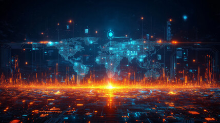 futuristic 3D render of a world map and digital data streams over a glowing circuit board landscape. The style is hi-tech. Websites and blogs can use it for themes about global technology, data