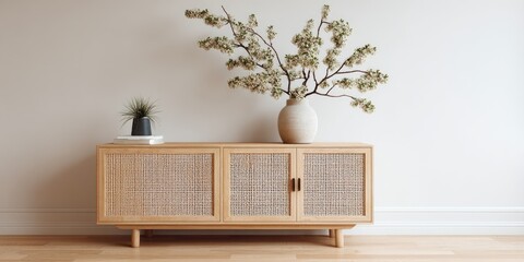 Light wooden cabinet with woven panels, vase, and flowers