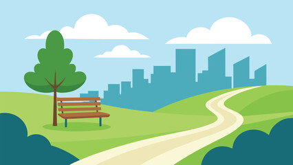 Peaceful park scene with winding path and city skyline in background