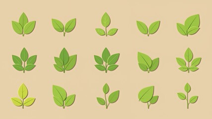Collection of stylized green leaves on a textured background