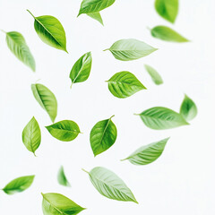 Scattered Green Leaves Floating Against White Background falling leaves leaf