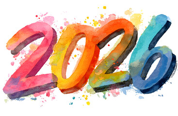 Colorful watercolor painting of the year 2026 isolated on transparent background