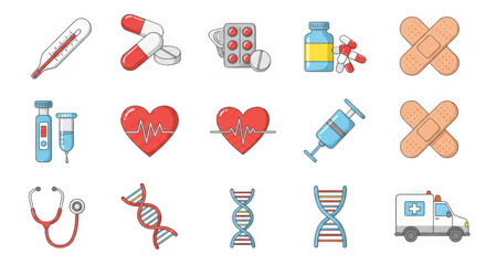 Collection of medical and healthcare icons isolated on transparent background