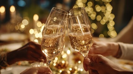 Close-up of friends' hands holding champagne flutes. Celebration. Christmas and new year holiday party. Valentine's day dinner invitation. Valentine's Day celebration. Party. Celebrating good news.