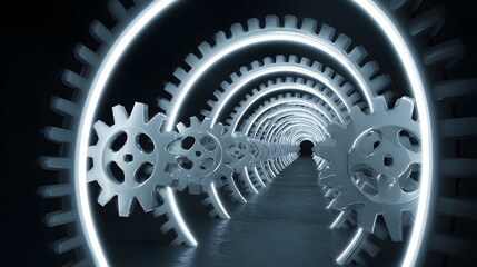 A tunnel of interlocked gears illuminated by neon light.