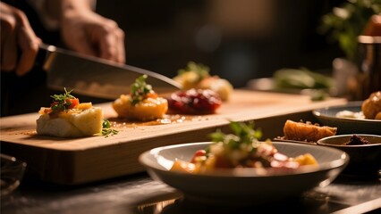 Chef slicing gourmet dish on wooden board with plated food in the foreground