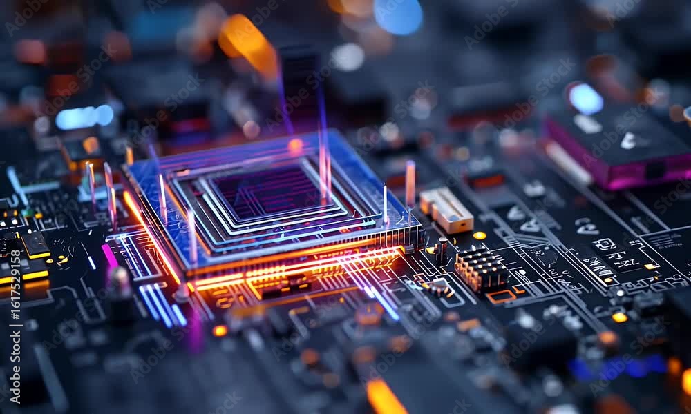 Wall mural a high-tech circuit board with glowing neon lights, featuring an advanced microchip in the center of