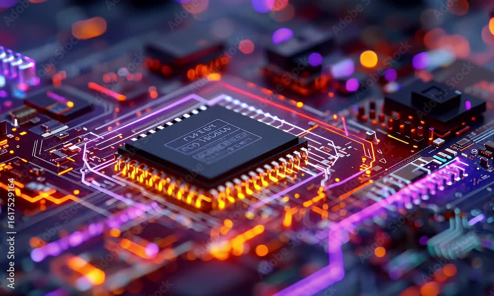 Wall mural a high-tech circuit board with glowing neon lights, featuring an advanced microchip in the center of