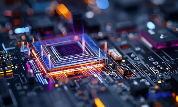 
A high-tech circuit board with glowing neon lights, featuring an advanced microchip in the center of it. The background is dark and blurred