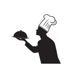 Silhouette of a chef in uniform holding a covered dish isolated on white background silhouette